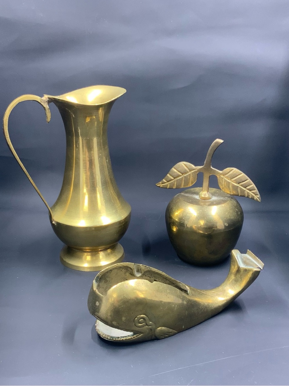 Vintage Brass Decorative Pitcher, Apple Accent & Whale Figurine Set - Home Dini